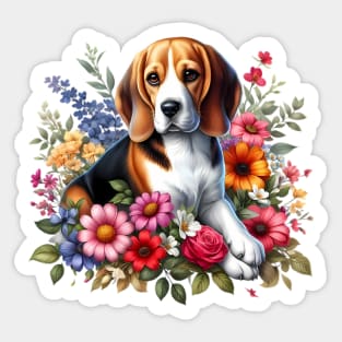 A beagle with beautiful colorful flowers Sticker